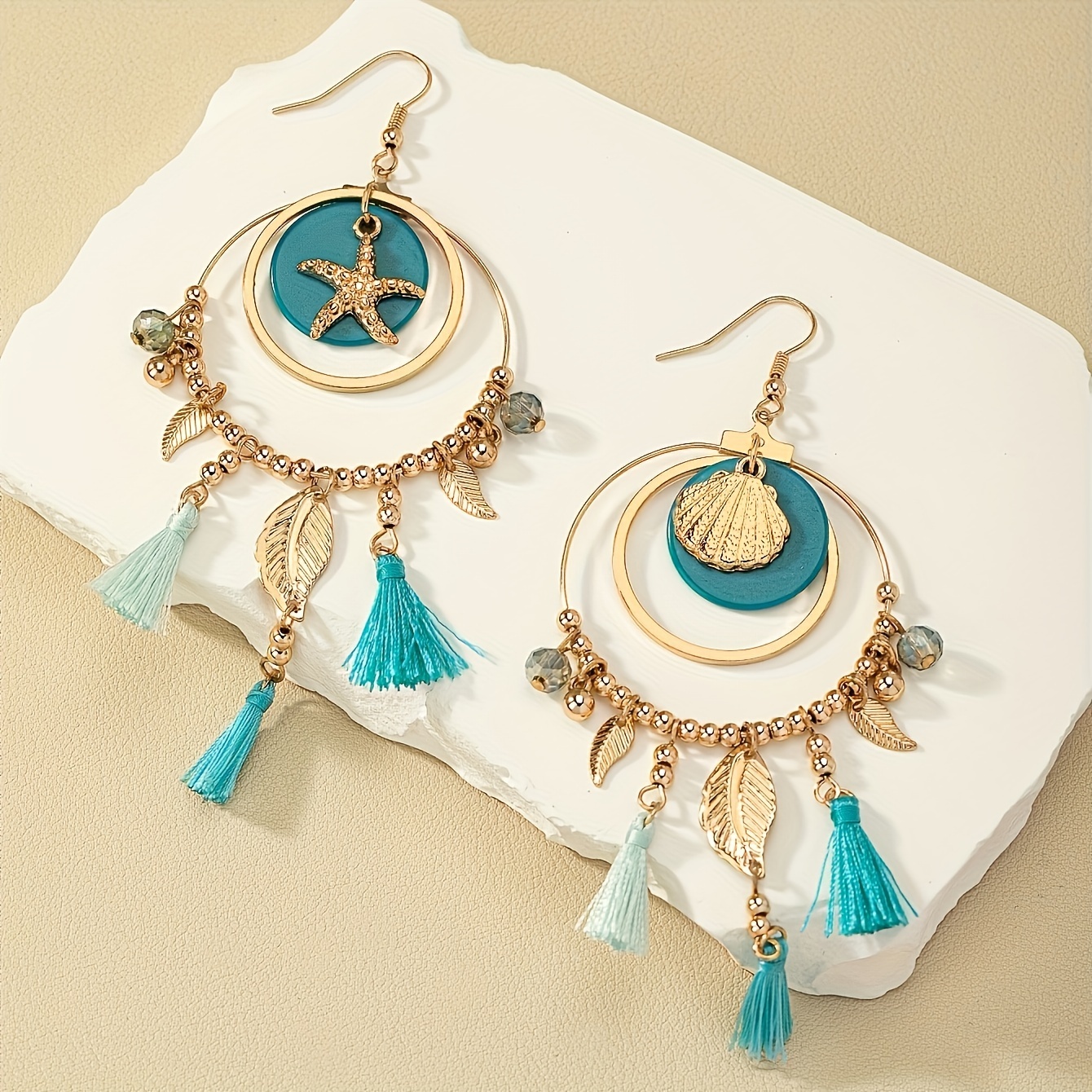 Boho Beach Party Earrings Starfish Shell Dangle